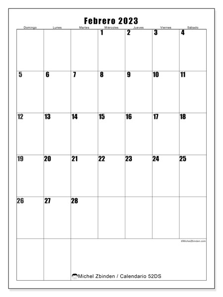 52DS, calendario de febrero de 2023, para su impresión, de forma gratuita.