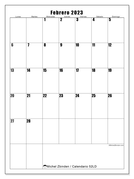 Calendario febrero de 2023 para imprimir. Calendario mensual “52LD” y planificación para imprimer gratis