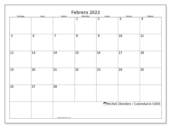 Calendario 53DS, febrero de 2023, para imprimir gratuitamente. Agenda imprimible gratuita