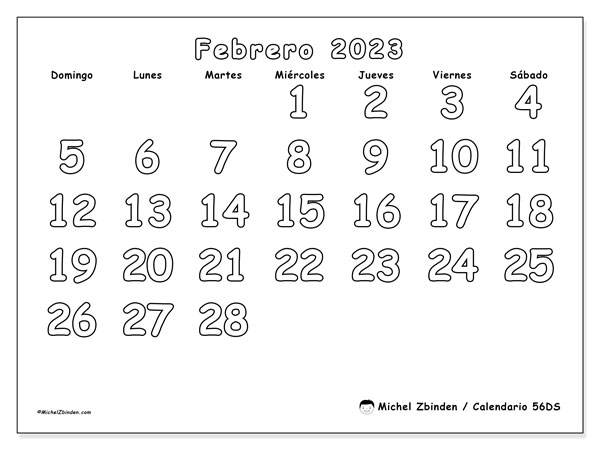 Calendario 56DS, febrero de 2023, para imprimir gratuitamente. Planificación imprimible gratuita