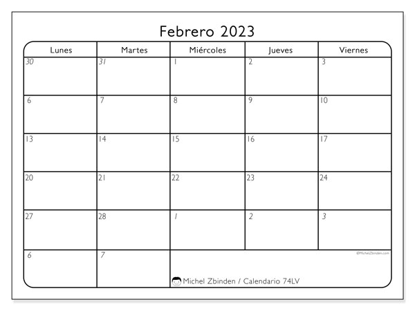 Calendario para imprimir, febrero 2023, 74DS