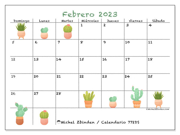 Calendario para imprimir, febrero 2023, 772DS