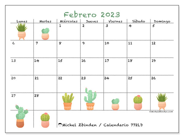 Calendario febrero de 2023 para imprimir. Calendario mensual “772LD” y almanaque imprimibile