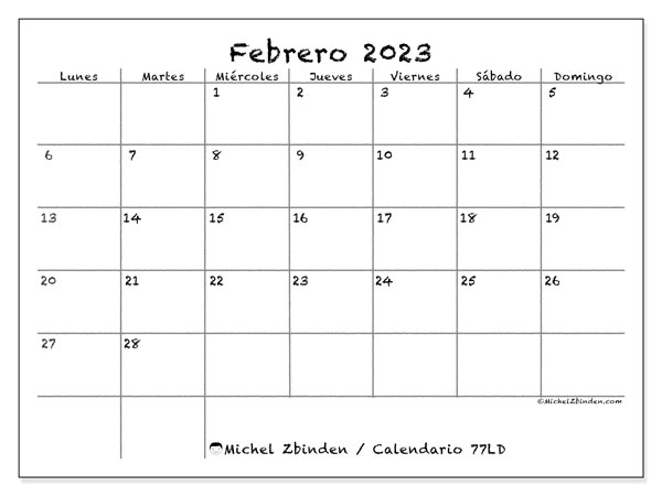 Calendario febrero de 2023 para imprimir. Calendario mensual “77LD” y planificación para imprimer gratis