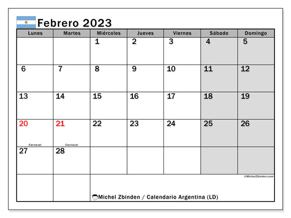 Calendario con los días festivos de Argentina, Febrero 2023, para imprimir, gratis. Horario imprimible gratis