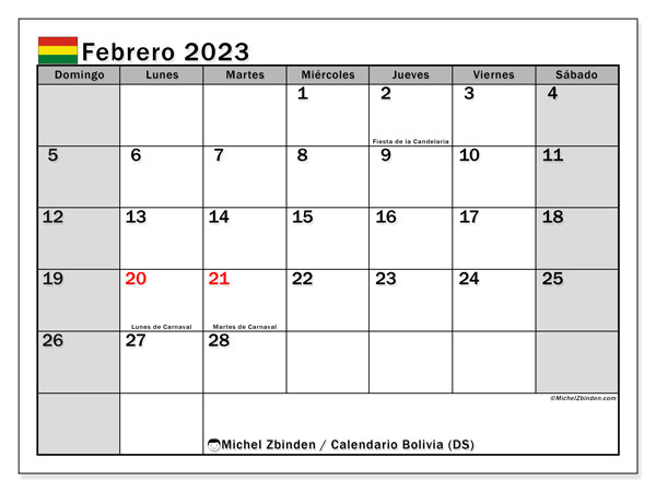Calendario “Bolivia (DS)” para imprimir, con festivos. Calendario mensual febrero de 2023 y almanaque imprimibile.