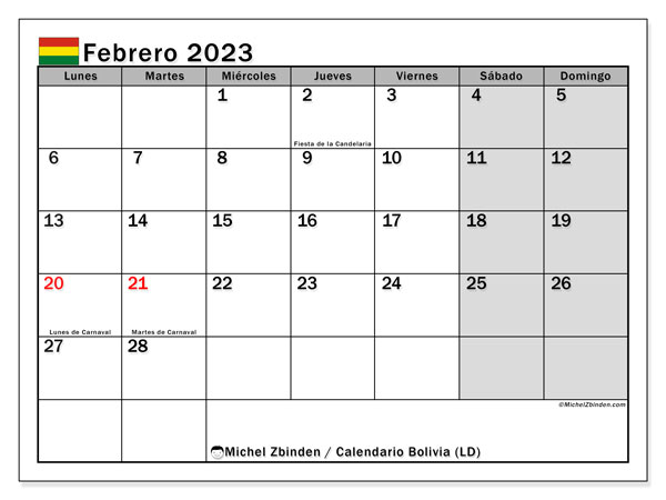 Bolivia (LD), calendario de febrero de 2023, para su impresión, de forma gratuita.