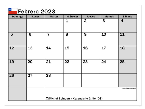 Calendario para imprimir, febrero de 2023, Chile (DS)