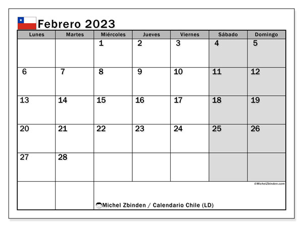 Calendario “Chile (LD)” para imprimir, con festivos. Calendario mensual febrero de 2023 y cronograma para imprimer gratis.