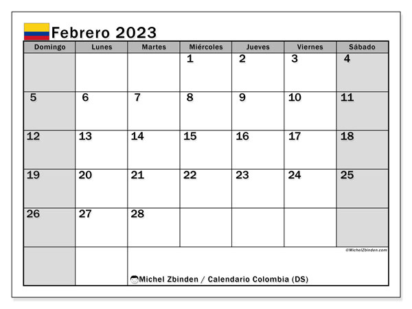 Calendario para imprimir, febrero de 2023, Colombia (DS)