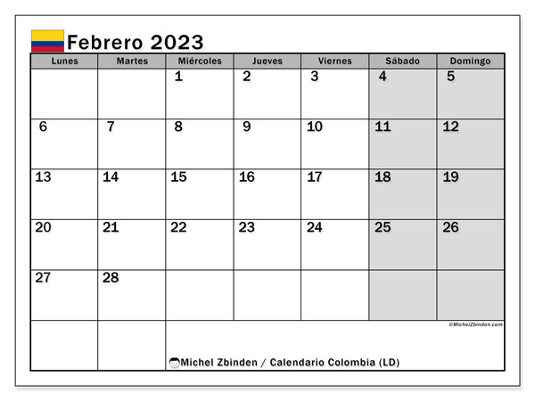 Calendario para imprimir, febrero de 2023, Colombia (LD)
