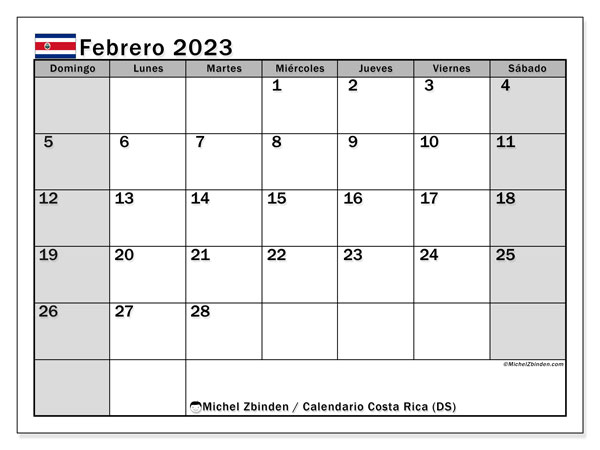 Costa Rica (DS), calendario de febrero de 2023, para su impresión, de forma gratuita.
