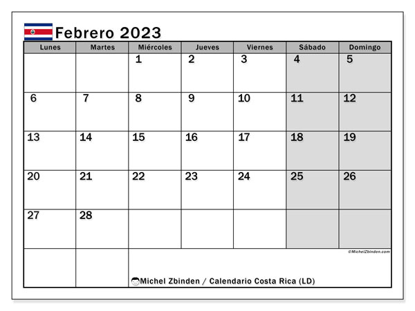 Costa Rica (LD), calendario de febrero de 2023, para su impresión, de forma gratuita.
