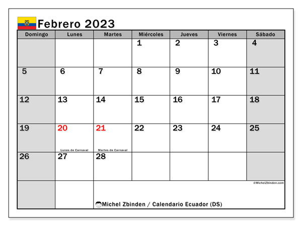 Calendario con los días festivos de Ecuador, Febrero 2023, para imprimir, gratis. Programación gratuita para imprimir
