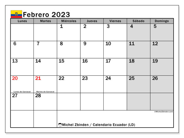 Calendario con los días festivos de Ecuador, Febrero 2023, para imprimir, gratis. Programa para imprimir gratis