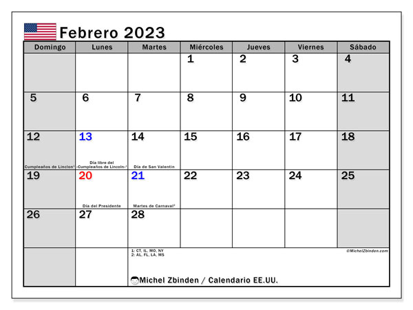 Calendario para imprimir, febrero de 2023, Estados Unidos