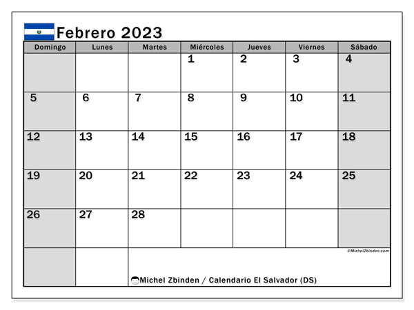 Calendario para imprimir, febrero de 2023, El Salvador (DS)