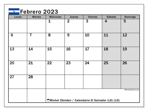 Calendario para imprimir, febrero de 2023, El Salvador (LD)