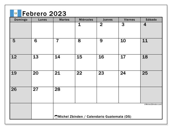 Calendario con los días festivos de Guatemala, febrero 2023, para imprimir, gratis. Planificación para imprimir gratis