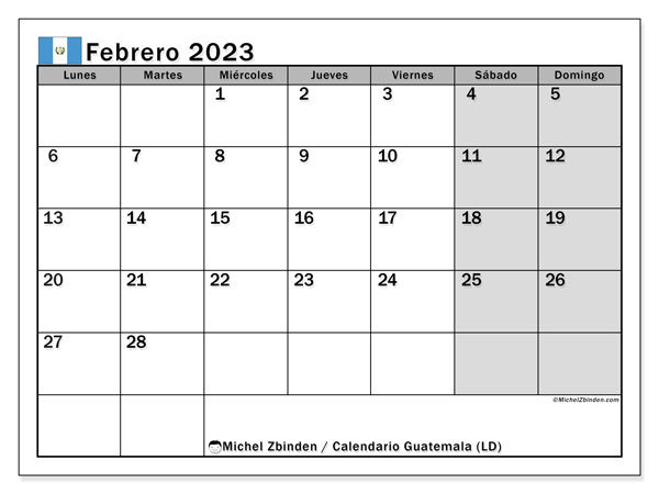 Calendario para imprimir, febrero de 2023, Guatemala (LD)