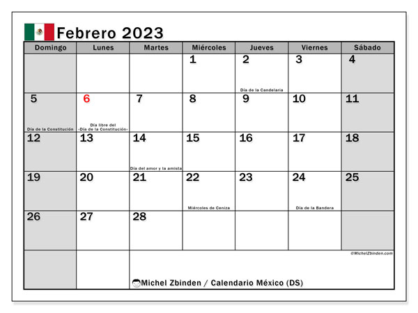 Calendario para imprimir, febrero de 2023, México (DS)
