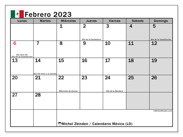Calendario para imprimir, febrero de 2023, México (LD)