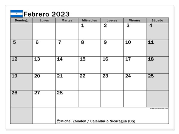 Calendario con los días festivos de Nicaragua, febrero 2023, para imprimir, gratis. Planificación gratuita para imprimir