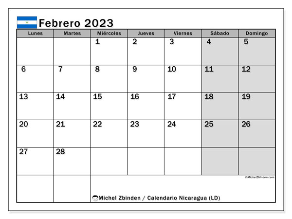 Calendario con los días festivos de Nicaragua, febrero 2023, para imprimir, gratis. Programación para imprimir gratis