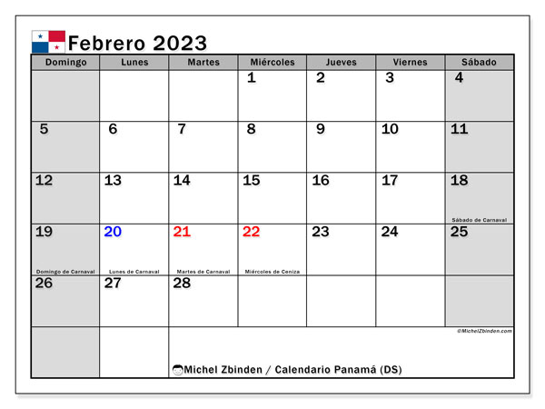 Calendario con los días festivos de Panamá, febrero de 2023, para imprimir gratuitamente. Programa gratuito para imprimir
