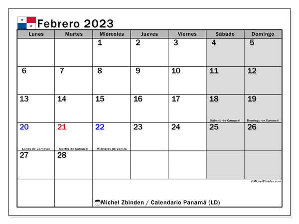 Calendario para imprimir, febrero de 2023, Panamá (LD)