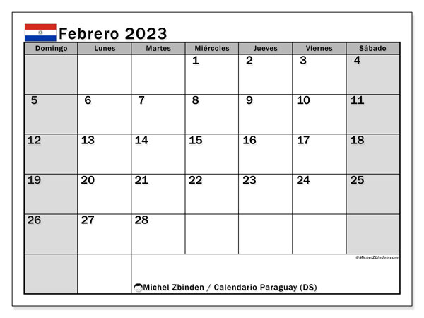 Calendario para imprimir, febrero de 2023, Paraguay (DS)