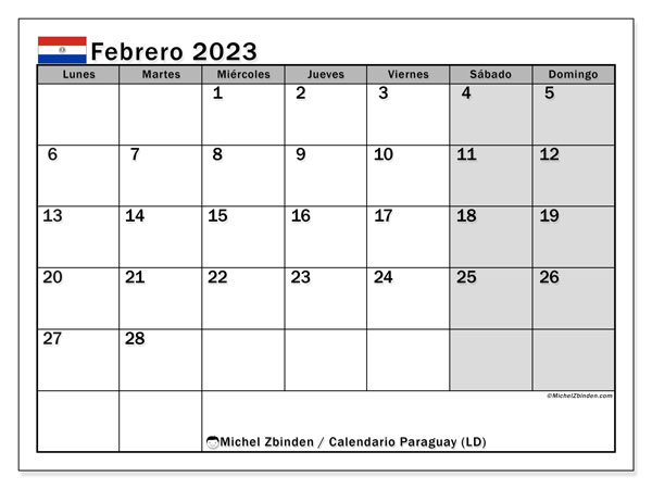 Calendario para imprimir, febrero de 2023, Paraguay (LD)