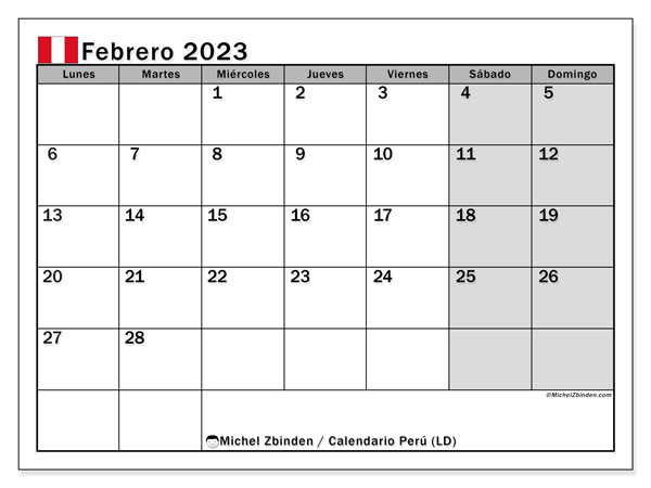 Calendario para imprimir, febrero de 2023, Perú (LD)