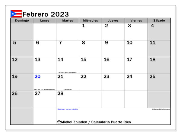 Calendario “Puerto Rico” para imprimir, con festivos. Calendario mensual febrero de 2023 y planificación gratuito para imprimir.