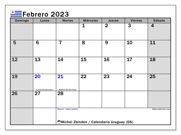 Calendario con los días festivos de Uruguay, febrero 2023, para imprimir, gratis. Horario imprimible gratuito