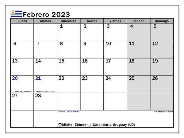 Calendario para imprimir, febrero de 2023, Uruguay (LD)