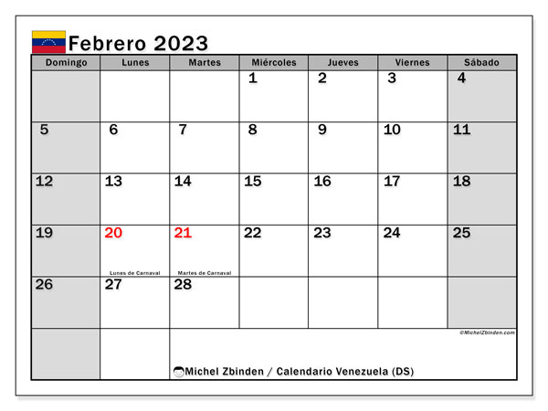 Venezuela (DS), calendario de febrero de 2023, para su impresión, de forma gratuita.