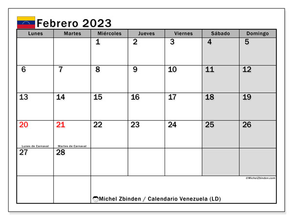 Calendario para imprimir, febrero de 2023, Venezuela (LD)