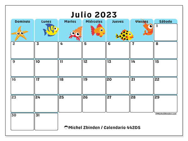 Calendario 442DS, julio de 2023, para imprimir gratuitamente. Agenda imprimible gratuita