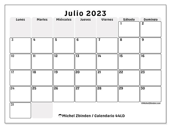 Calendario julio 2023 “44”. Diario para imprimir gratis.. De lunes a domingo