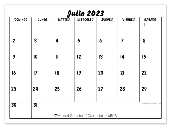 Calendario julio de 2023 para imprimir. Calendario mensual “45DS” y planificación gratuito para imprimir