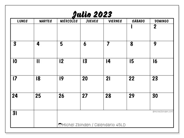 Calendario julio 2023, 45LD. Horario para imprimir gratis.