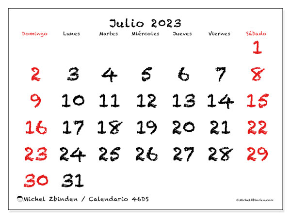 Calendario julio de 2023 para imprimir. Calendario mensual “46DS” y planificación gratuito para imprimir