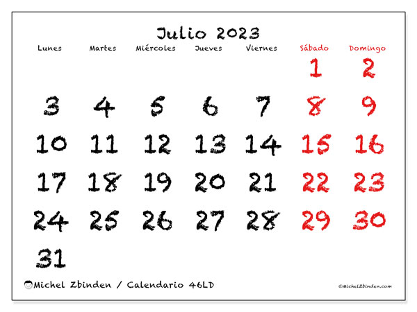 Calendario julio de 2023 para imprimir. Calendario mensual “46LD” y almanaque imprimibile