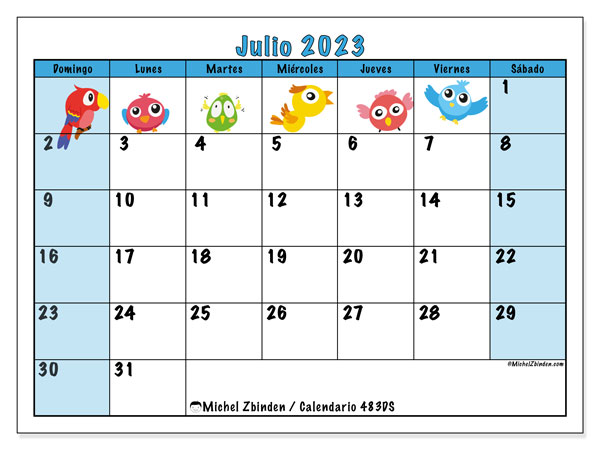 Calendario julio de 2023 para imprimir. Calendario mensual “483DS” y agenda para imprimer gratis
