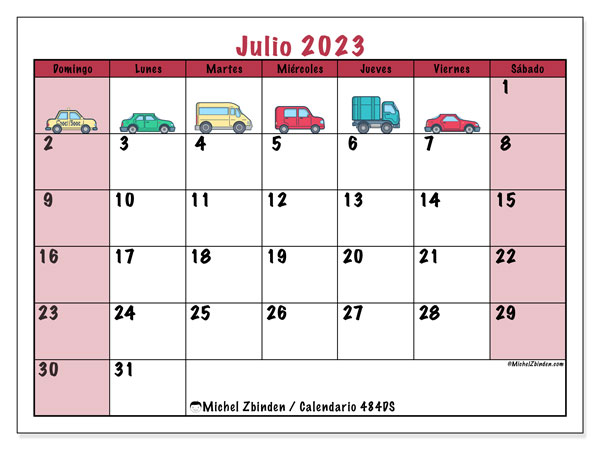 Calendario julio 2023, 484DS. Diario para imprimir gratis.