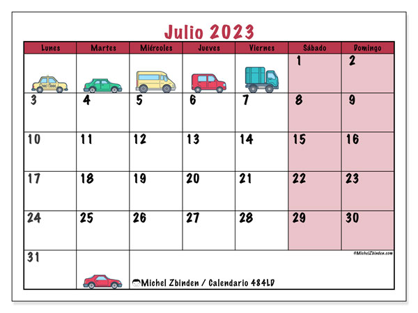 Calendario julio 2023 “484”. Programa para imprimir gratis.. De lunes a domingo