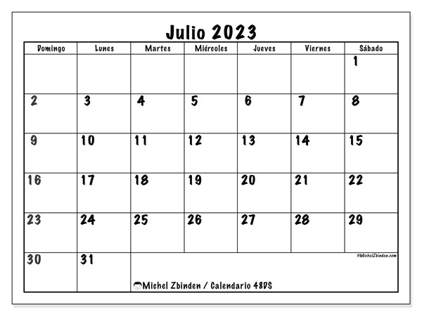 Calendario julio 2023 “48”. Horario para imprimir gratis.. De domingo a sábado