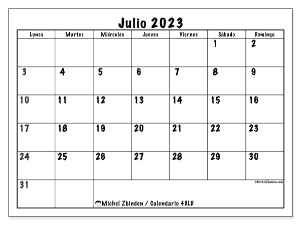 Calendario julio 2023 “48”. Horario para imprimir gratis.. De lunes a domingo