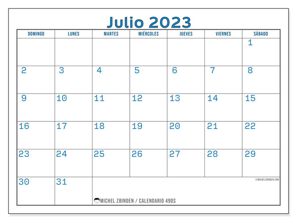 Calendario julio 2023 “49”. Diario para imprimir gratis.. De domingo a sábado